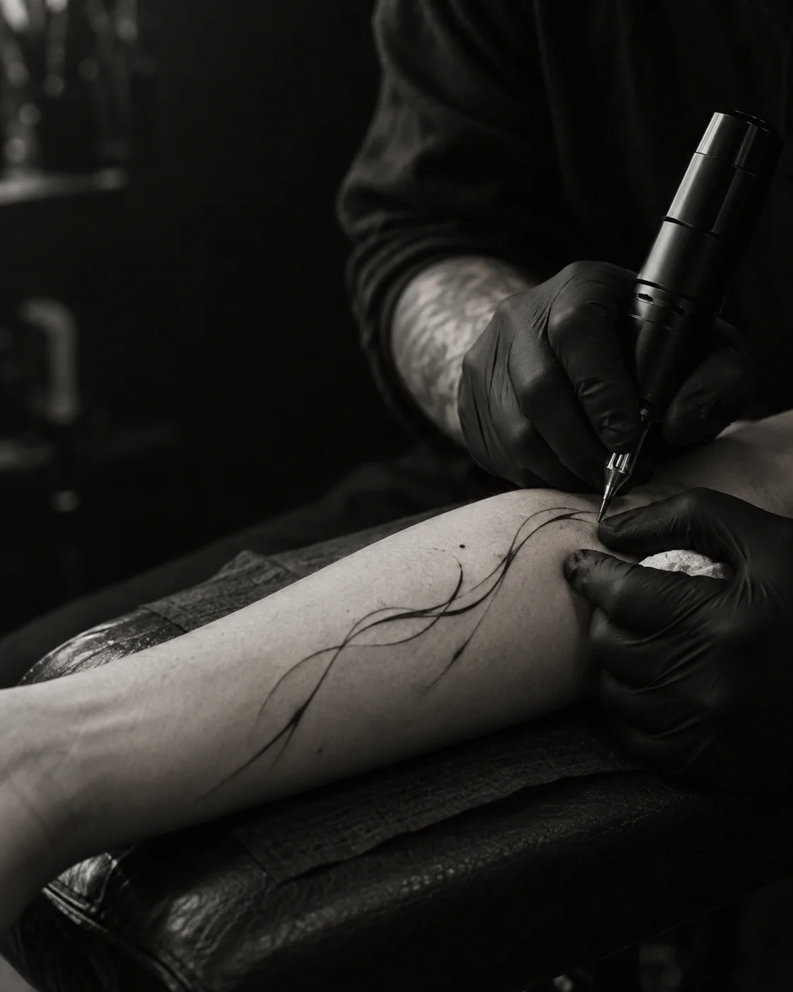 Detalhe de mãos com luvas pretas tatuando um desenho de linhas no antebraço