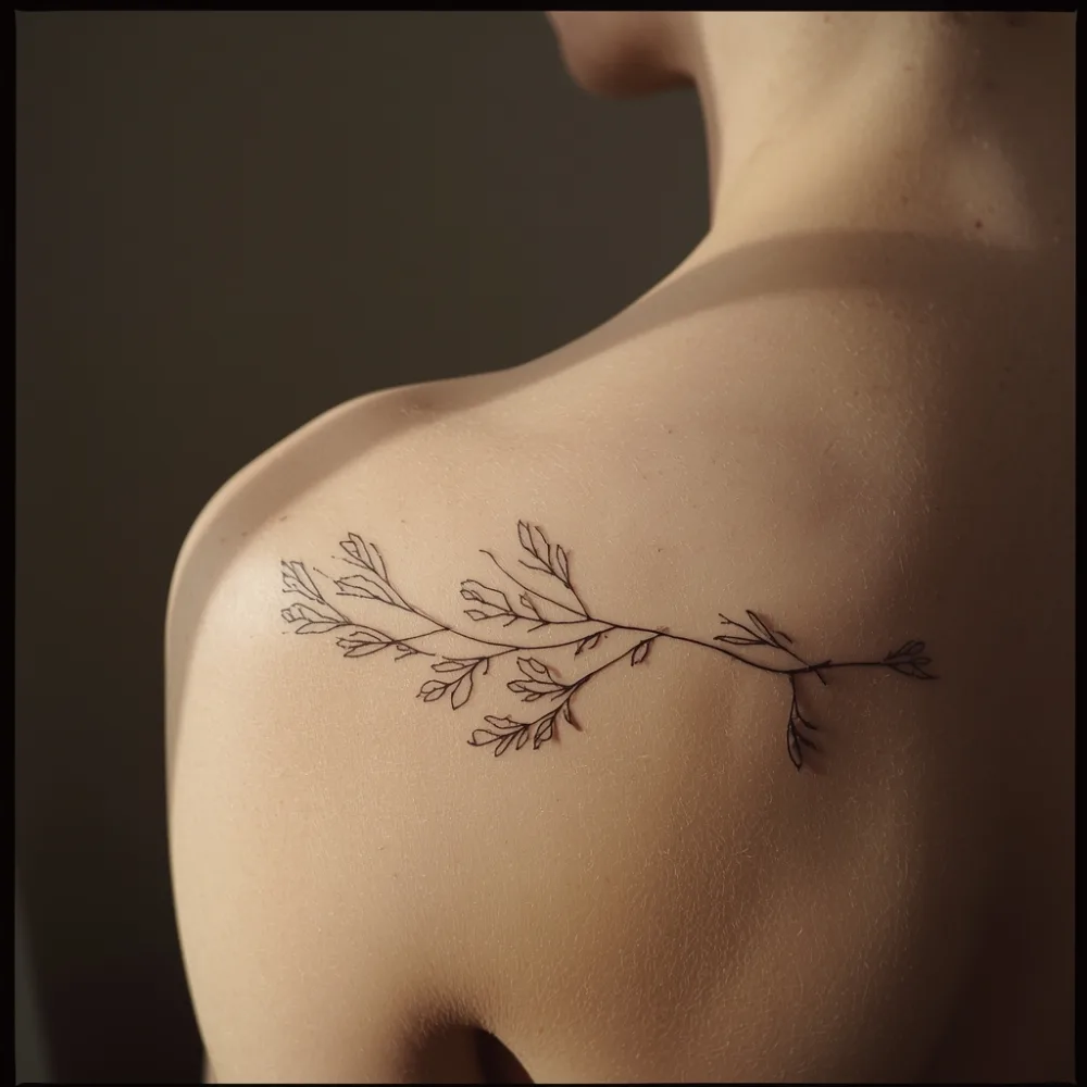 Tatuagem de galho em traço fino no ombro